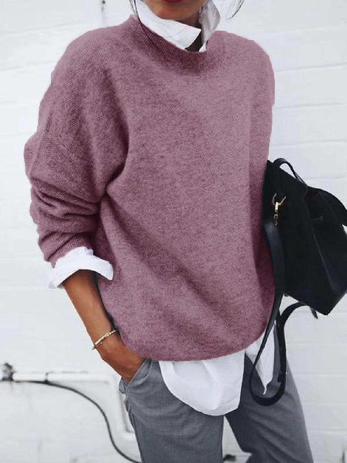 Women's knit pullover with shirt collar two-piece layered look, chic soft fabric effortless style
