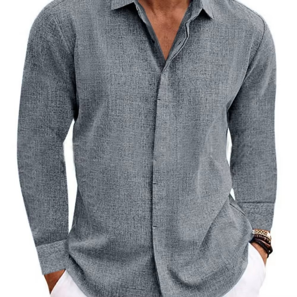 Men's linen long sleeve button-down shirt with lapel collar, breathable casual solid color fit