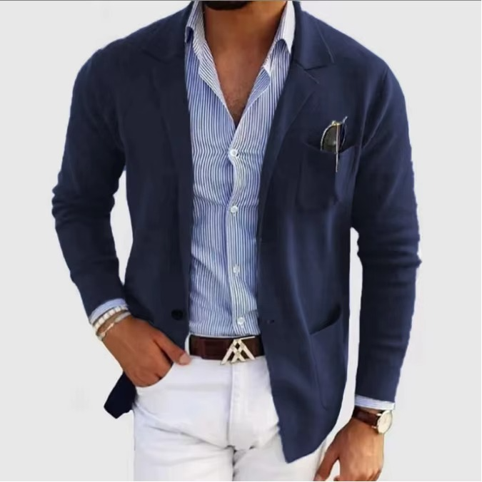 Men's gray knitted cardigan coat turn-down collar multiple pockets minimalist single-button closure