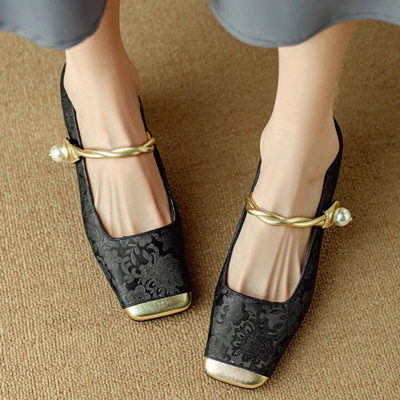 Women's floral embossed square toe heels sculpted silhouette all-day comfort versatile style