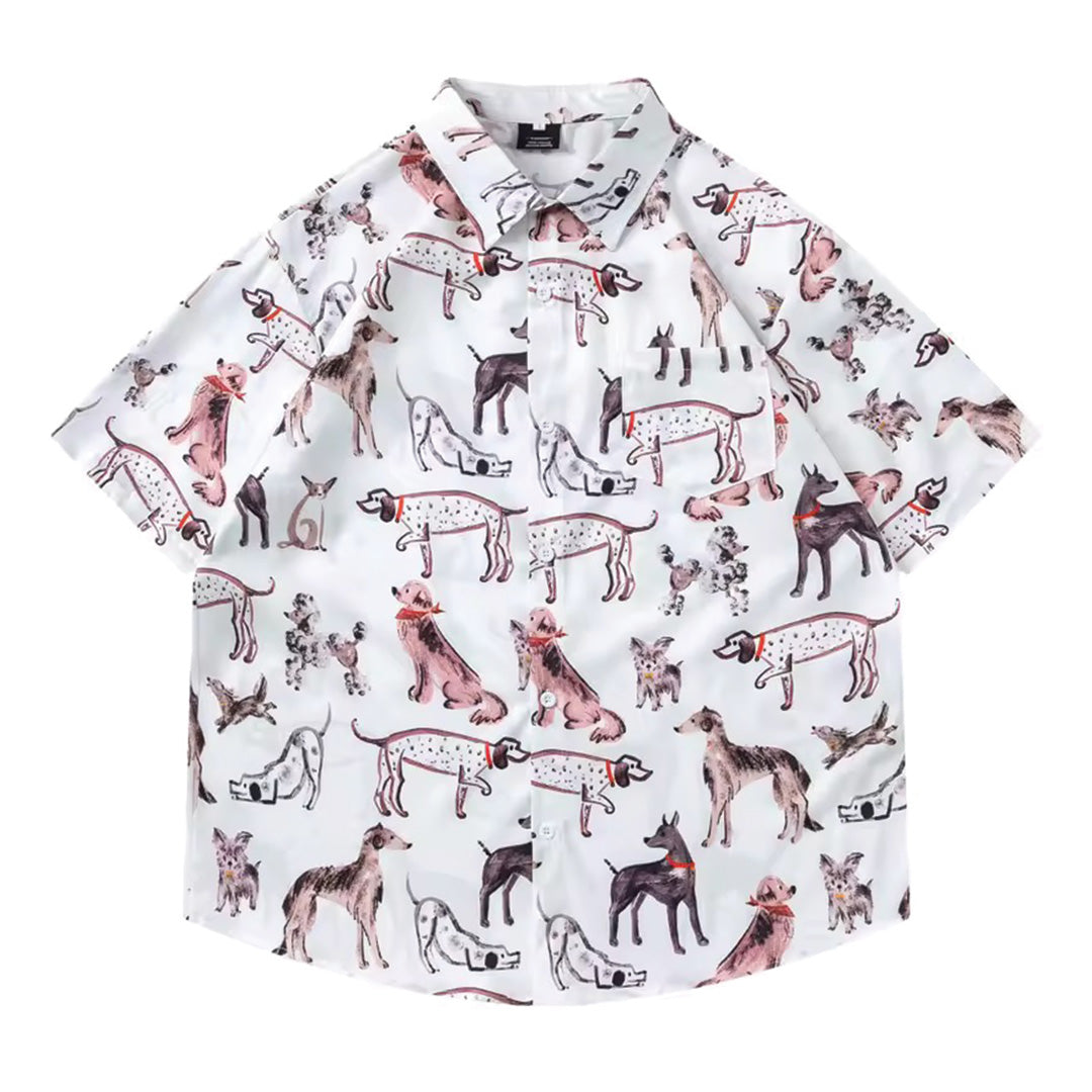 Olive green camp collar shirt with all-over illustrated dog print, 100% breathable cotton relaxed fit