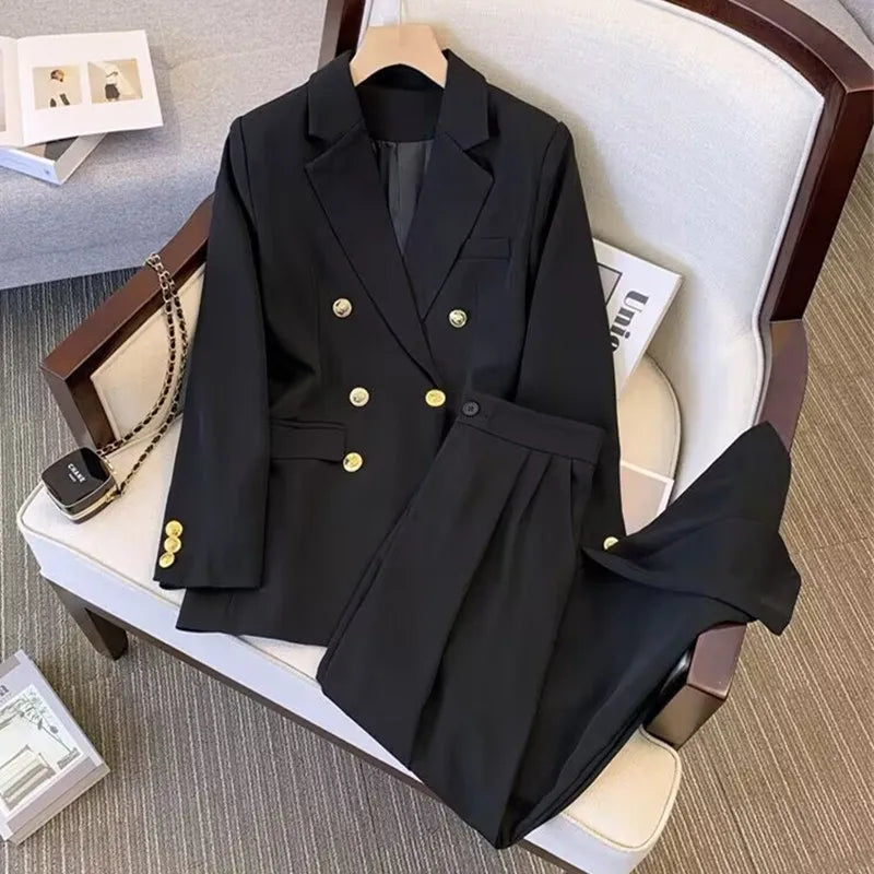 Women's classic double-breasted two-piece suit set elegant professional workwear silhouette