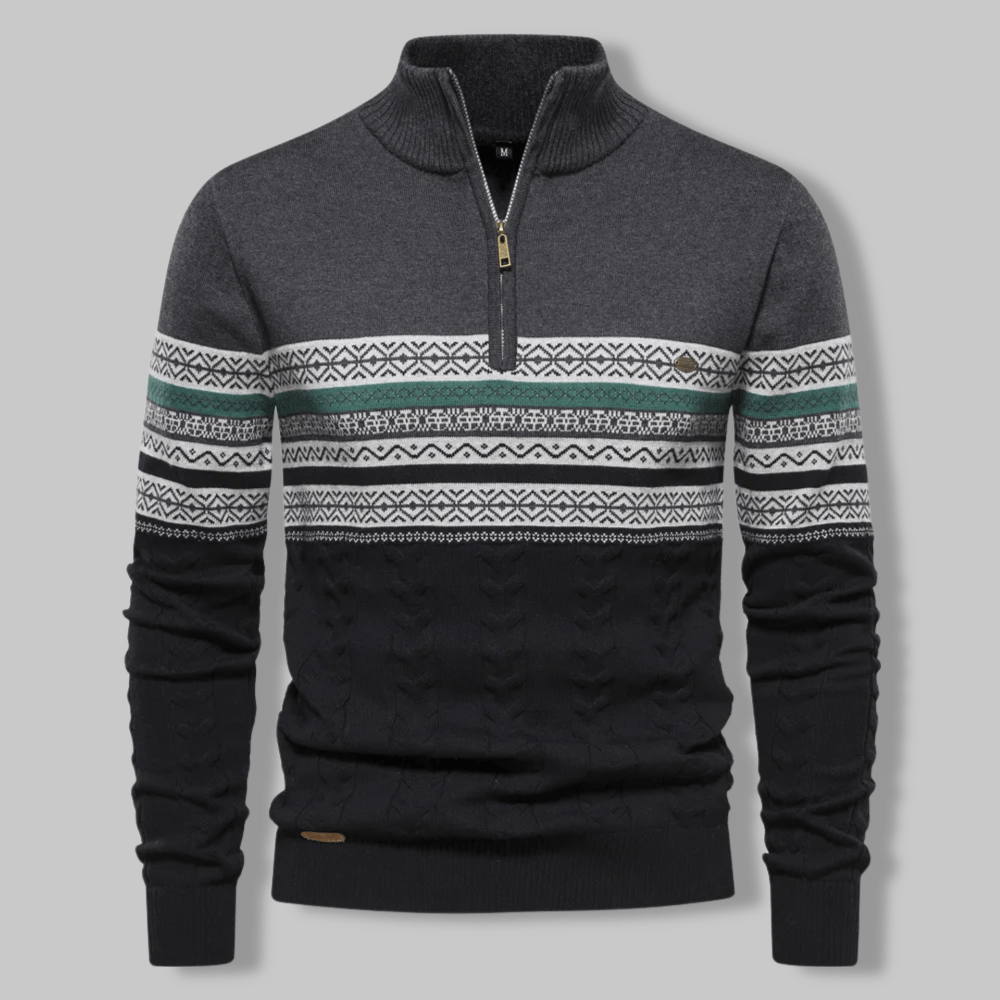 Men's Nordic pattern half-zip pullover sweater with stand collar, ribbed cuffs, cozy versatile knit