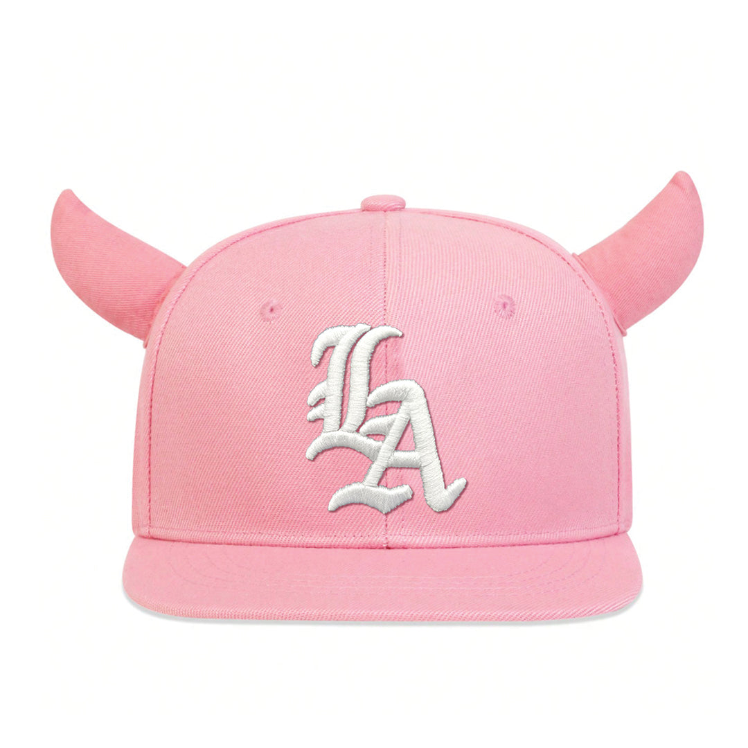 Black structured snapback cap with gothic LA embroidery and bold horned detail for streetwear