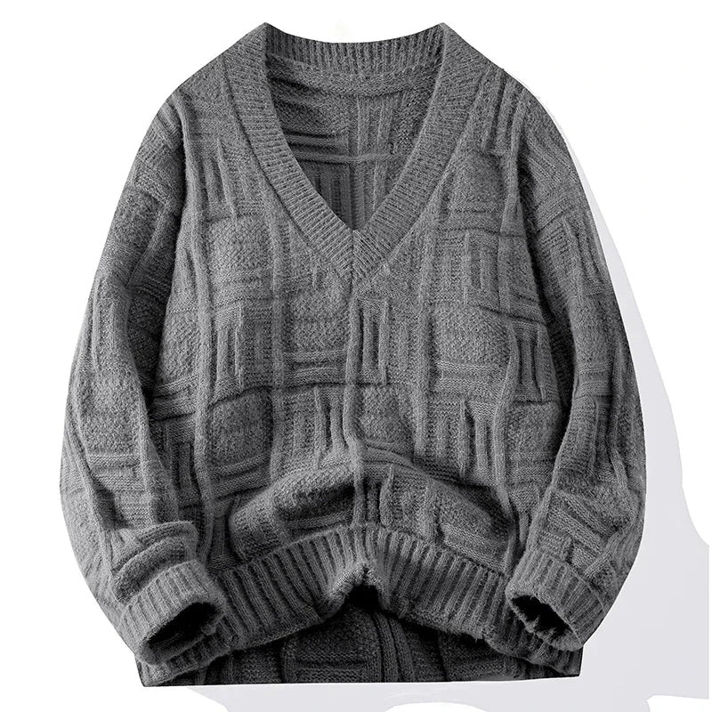 Textured geometric knit V-neck sweater relaxed fit unisex premium layering piece in neutral tone