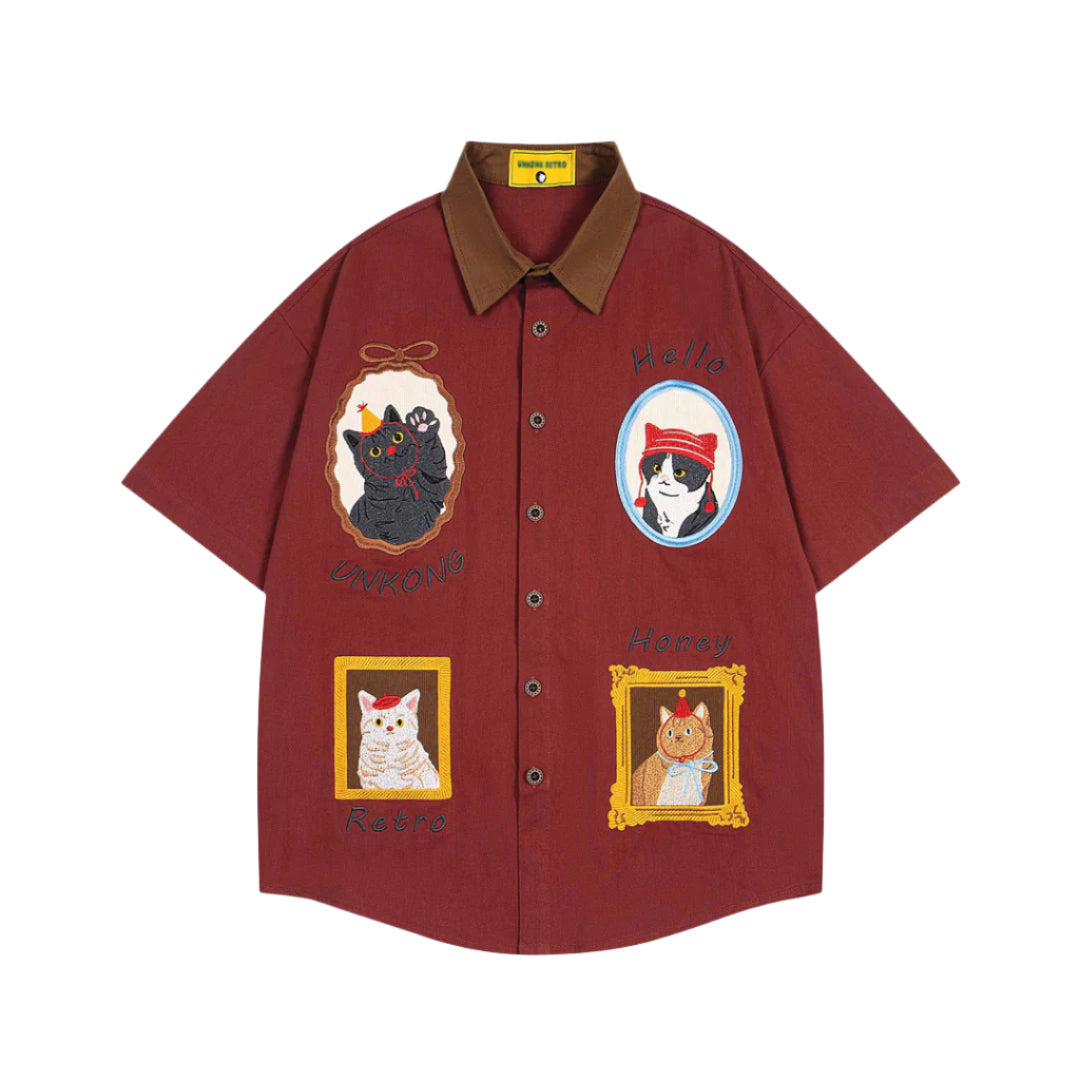 White cotton regular fit shirt with playful cat patch embroidery, classic silhouette for cat lovers