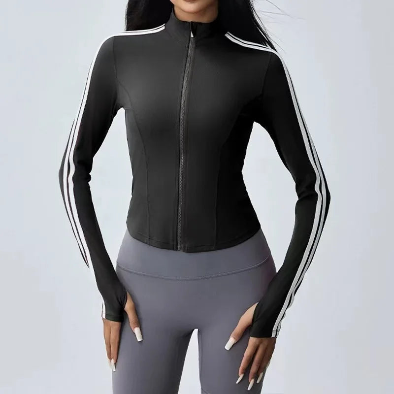 Women's athletic zip-up top with bold stripe detailing, featherlight quick-dry fabric for workouts