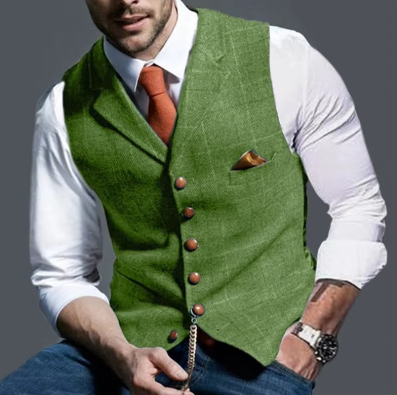 Men's tweed striped waistcoat slim-fit formal vest with heritage fabric texture for business or wedding