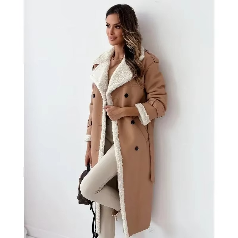 Women's plush faux fur winter coat with elegant lapel collar, long sleeves, cozy warm cold weather jacket