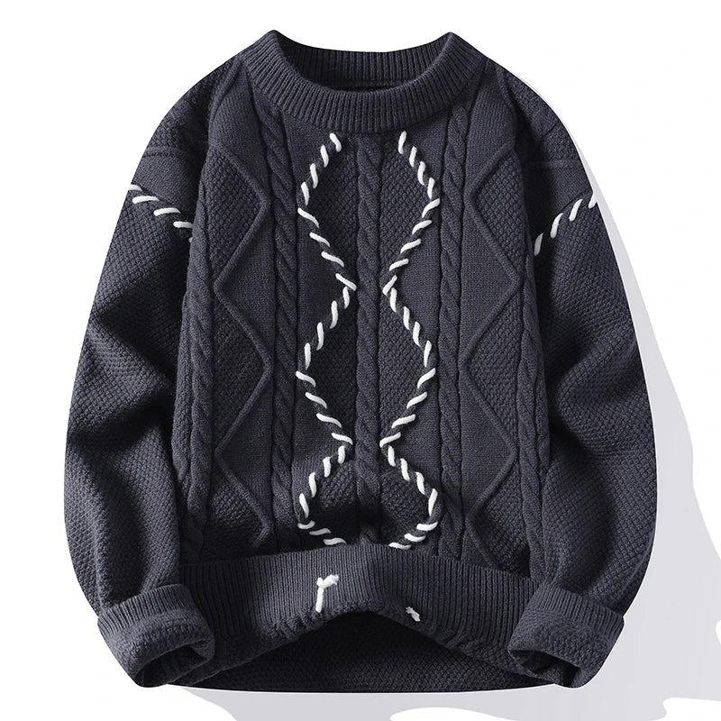 Beige unisex cable knit crewneck sweater with diamond pattern and contrast stitching for casual layering