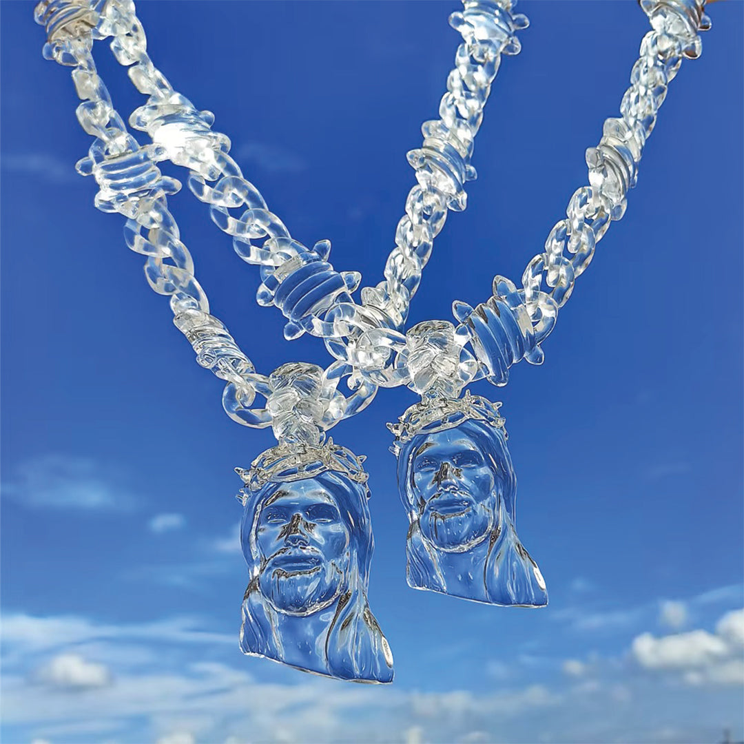 Crystal clear acrylic Jesus piece pendant necklace with barbed wire chain urban streetwear style