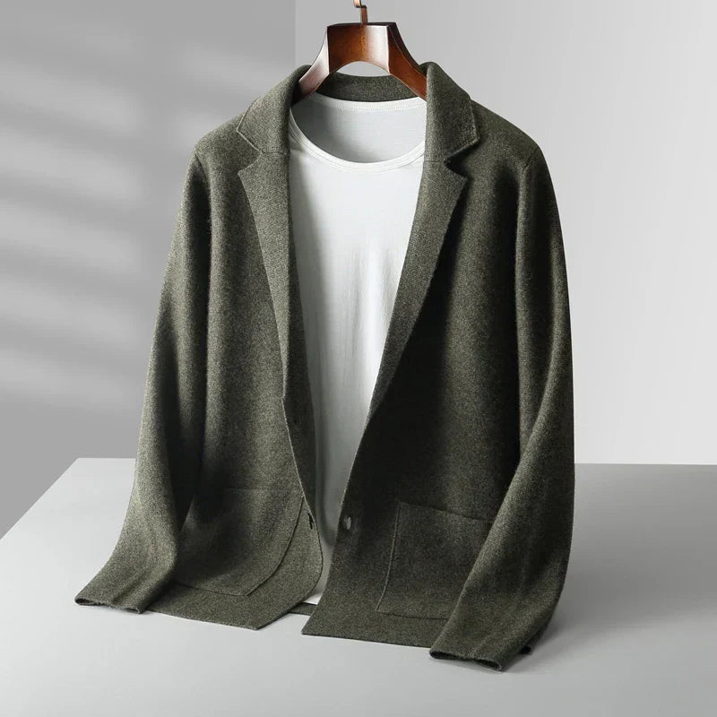 Men's charcoal wool cardigan tailored fit notched lapel hip-length blazer-inspired patch pockets