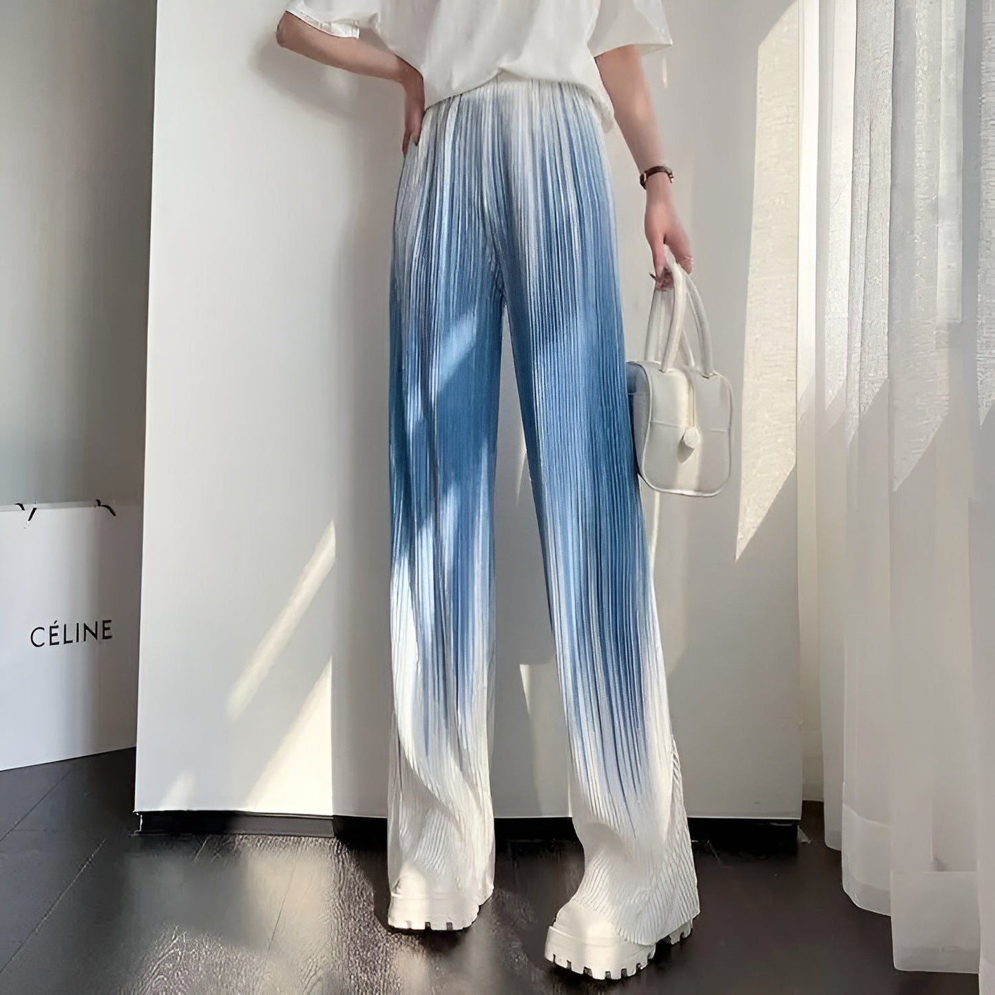 Women's ombre wide-leg pants with micro-pleated ice silk fabric and cinched high waist streetwear