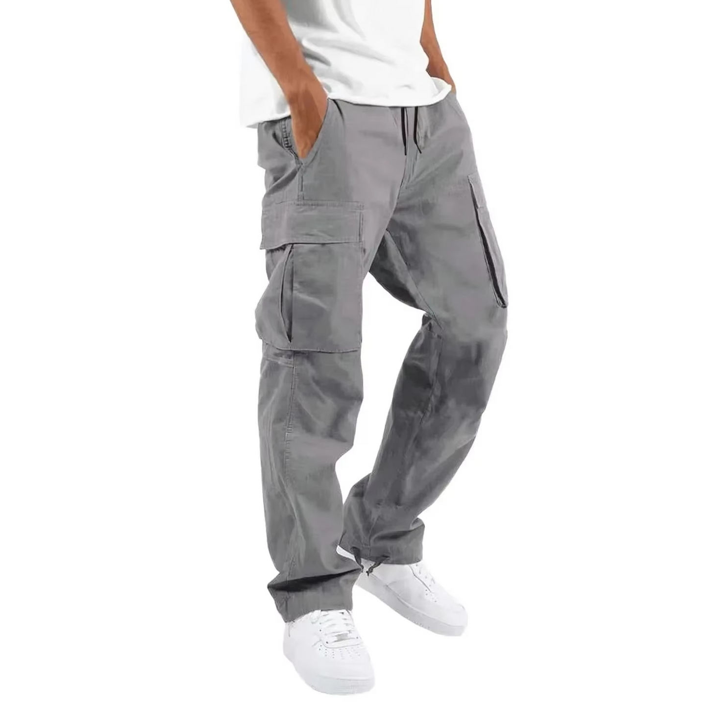 Men's black cargo pants with adjustable drawstring waist and rugged multi-pocket design for everyday wear