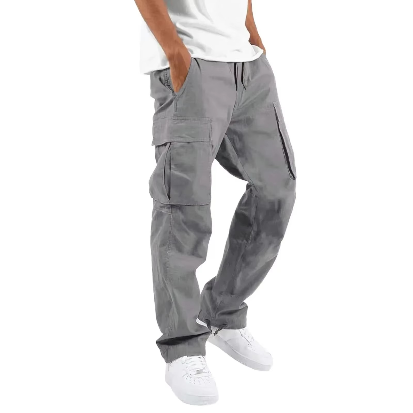 Men's black cargo pants with adjustable drawstring waist and rugged multi-pocket design for everyday wear