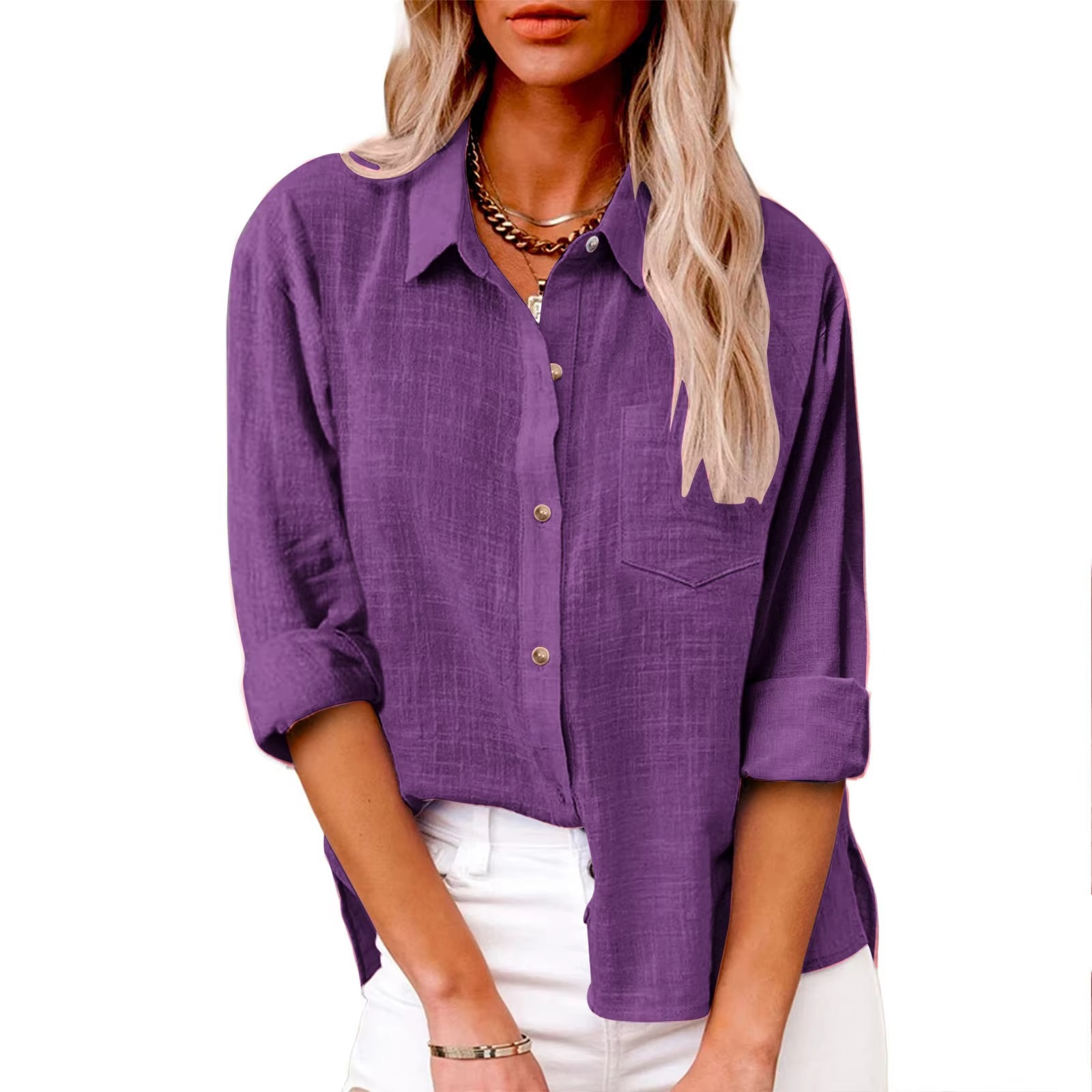 Women's cotton linen long sleeve blouse breathable lightweight casual spring top with relaxed fit