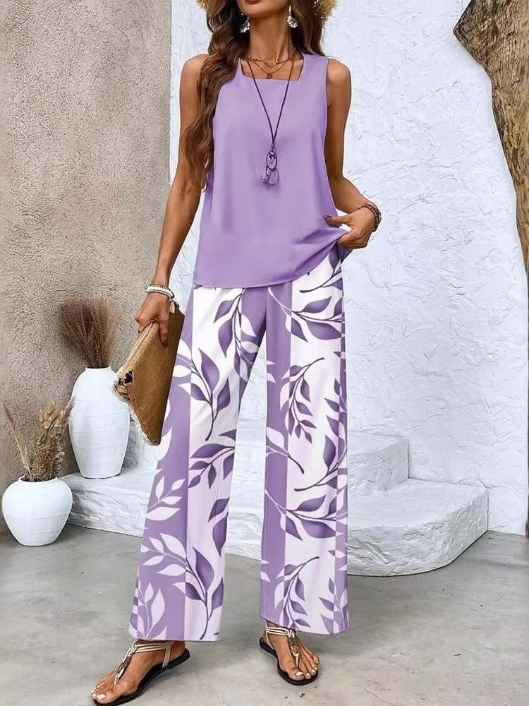 Women's digital print square collar vest and trousers two-piece set pull-on relaxed fit workwear