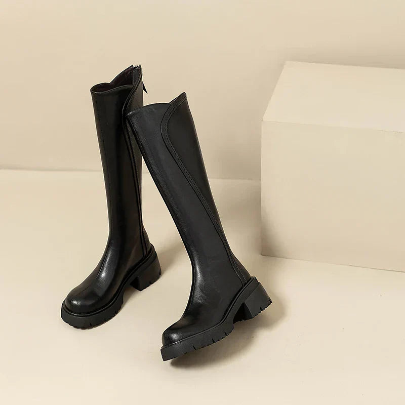 Hazel women's knee-high brown premium leather orthopedic boots with sleek silhouette for all-day support