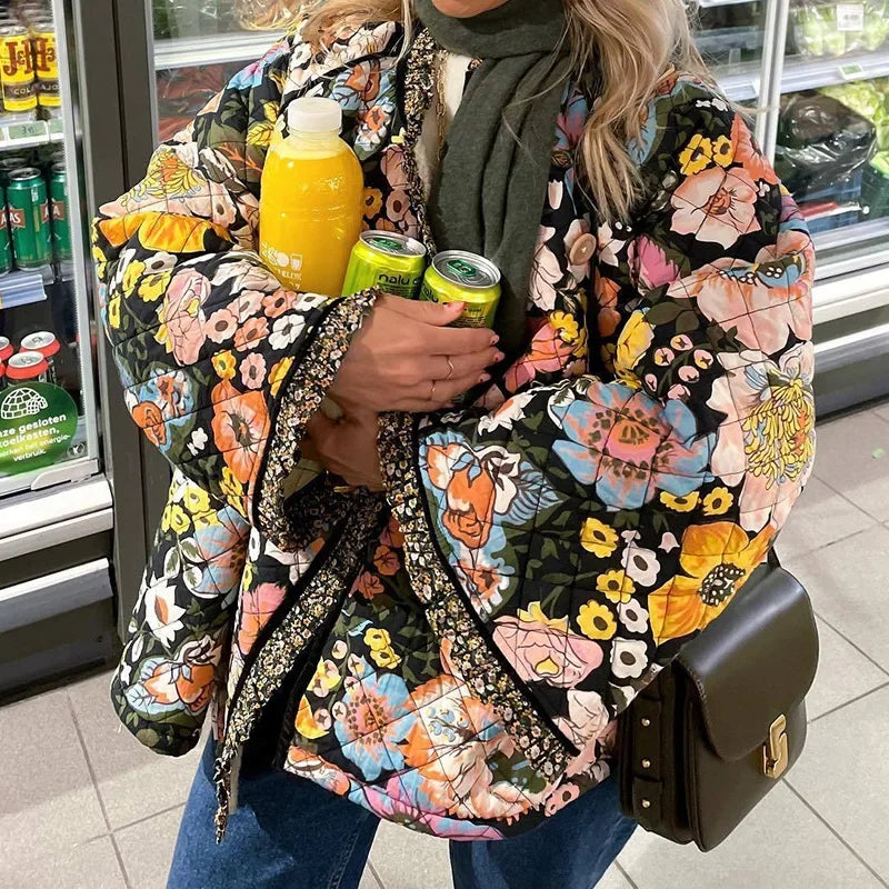 Women's floral quilted coat with cozy fleece lining, warm autumn winter outerwear in vibrant print