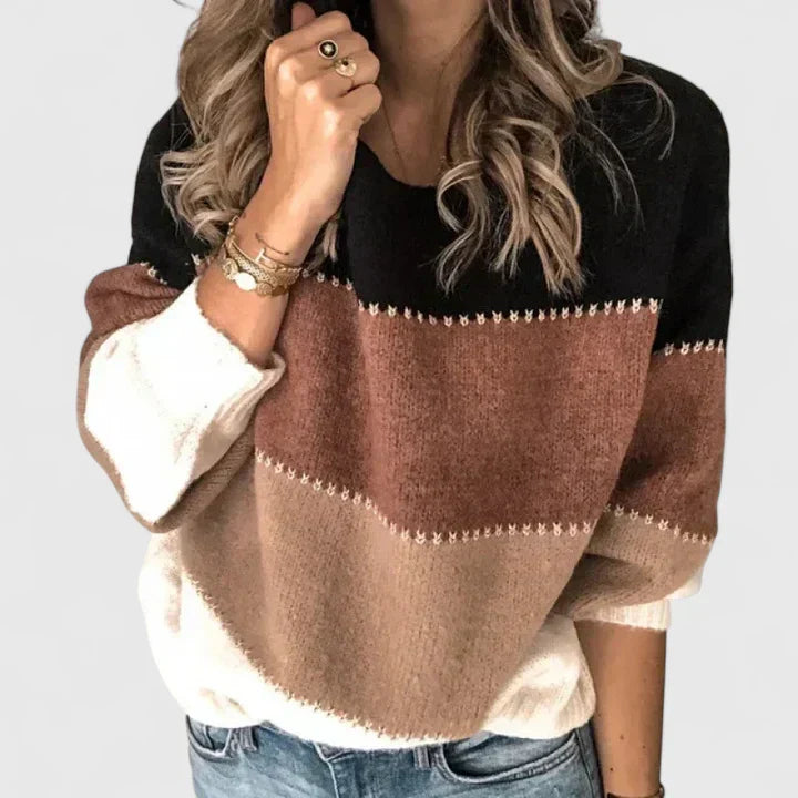 Women's striped colorblock knit sweater bold horizontal pattern relaxed modern fit soft breathable
