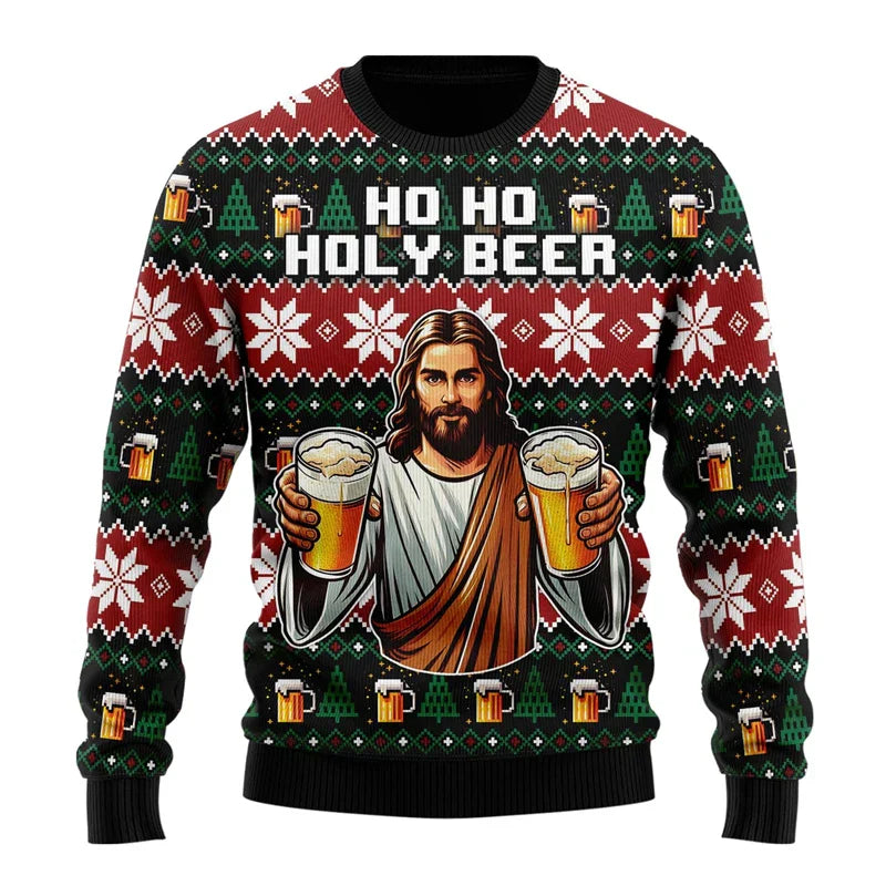 Men's red funny Christmas ugly sweater with playful festive holiday print, cozy crewneck winter style