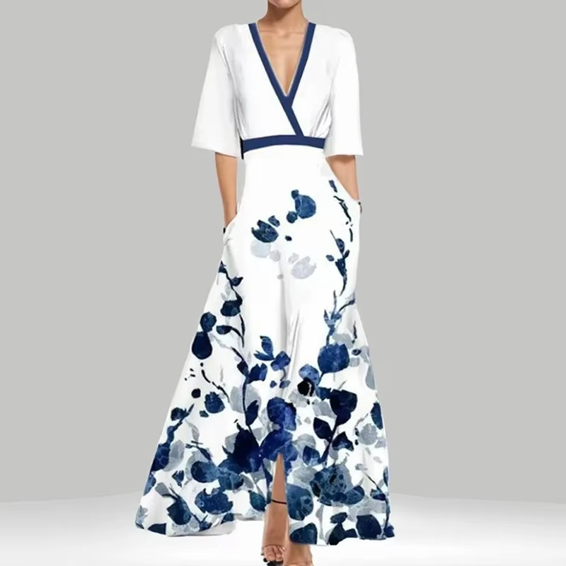 Women's ankle-length printed pleated dress with V-neck, flowing silhouette in elegant timeless style