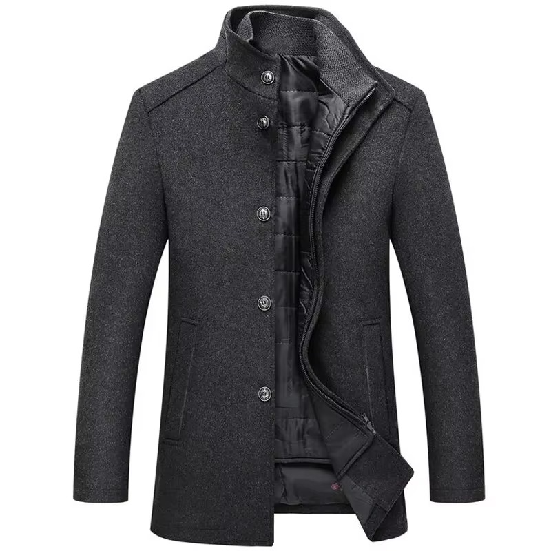 Men's navy long wool coat with stand collar and detachable vest, slim professional winter outerwear