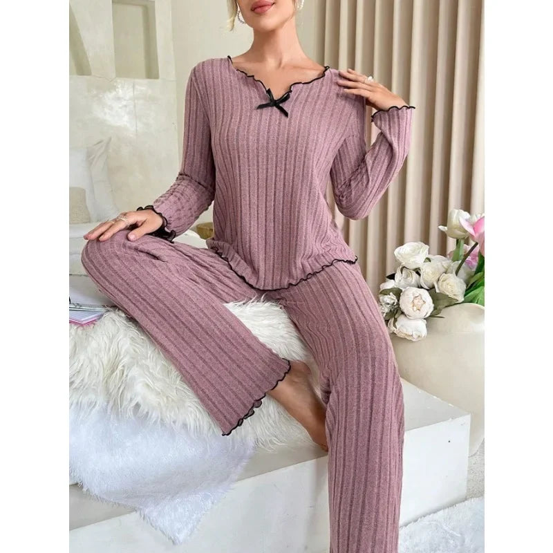 Women's ribbed cotton babydoll pajama set, form-fitting long sleeve nightwear in ultra-cozy knit fabric
