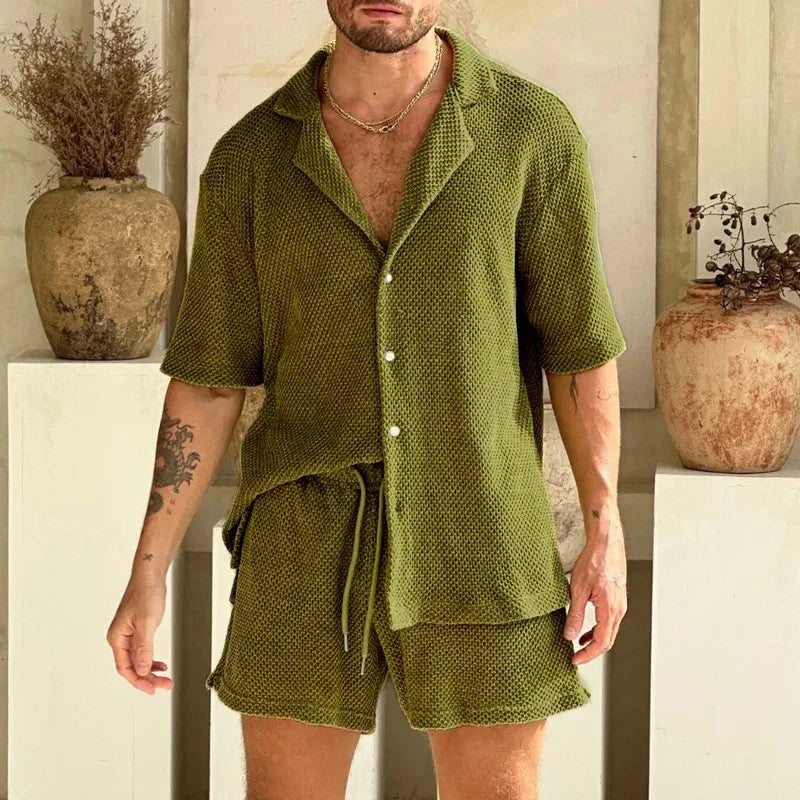 Women's 90s relaxed-fit woven two-piece set light t-shirt and matching shorts for sunny days