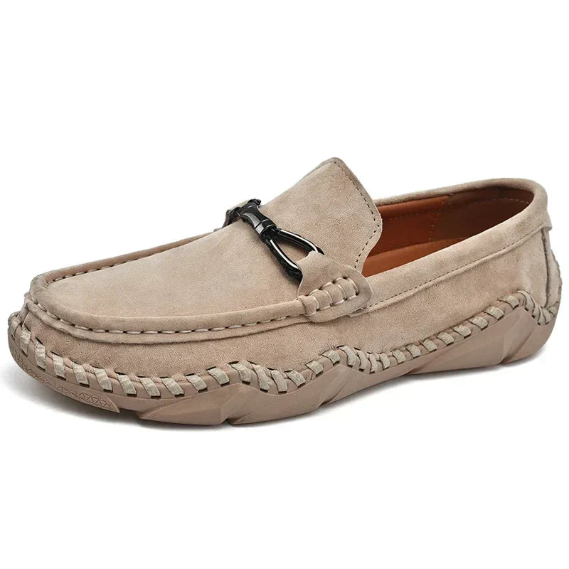 Belmont tan suede slip-on loafers with handstitched detailing, classic professional silhouette