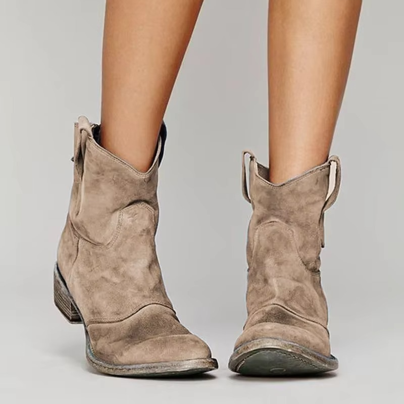 Women's vintage western ankle boots pointed toe low heel slip-on booties with cowboy detailing
