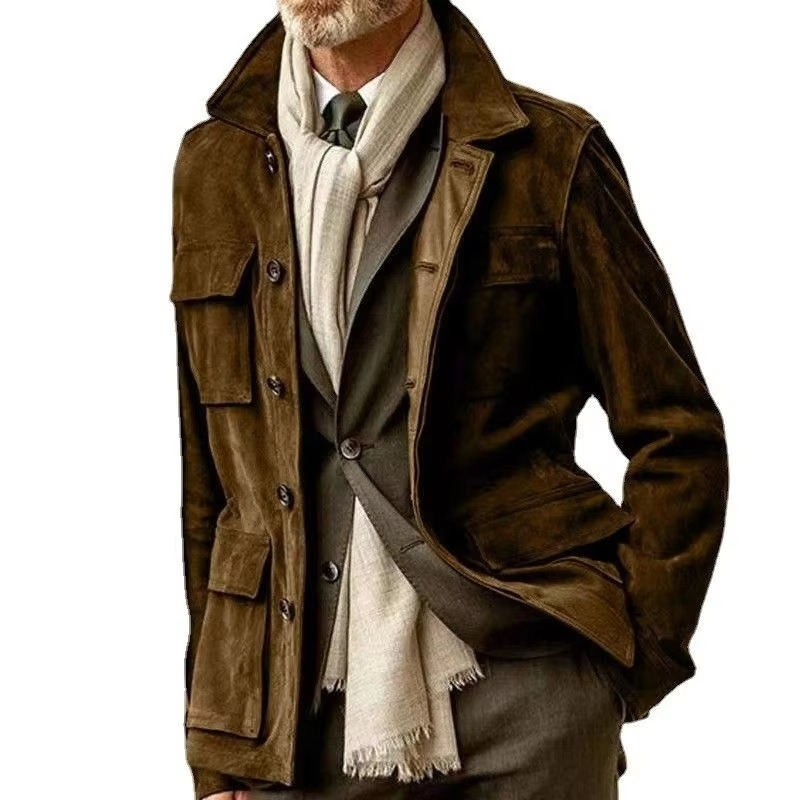 Men's mid-length trench coat lapel collar single-breasted neutral tone casual spring autumn layering