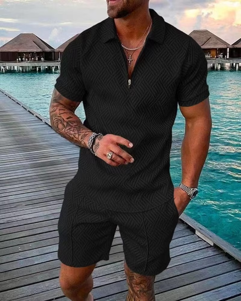 Men's blue Hawaiian polo shorts set, 3D printed streetwear matching summer outfit with bold tropical print