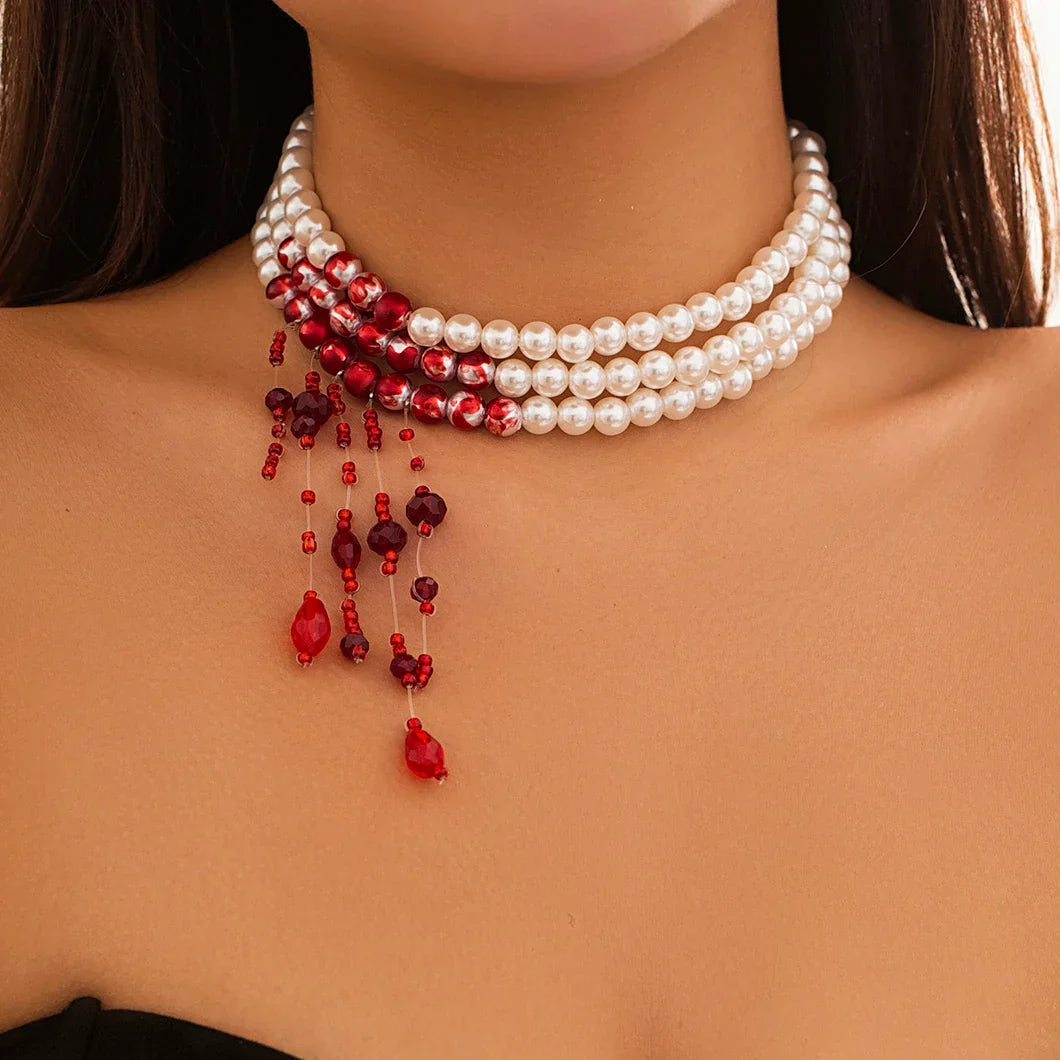 Crimson Cascade Pearl Choker - Urbann-Vibe