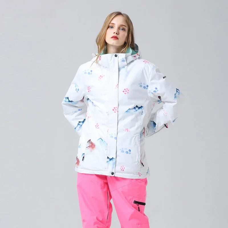 Women's floral winter ski jacket structured fit feminine warmth for outdoor cold-weather adventures