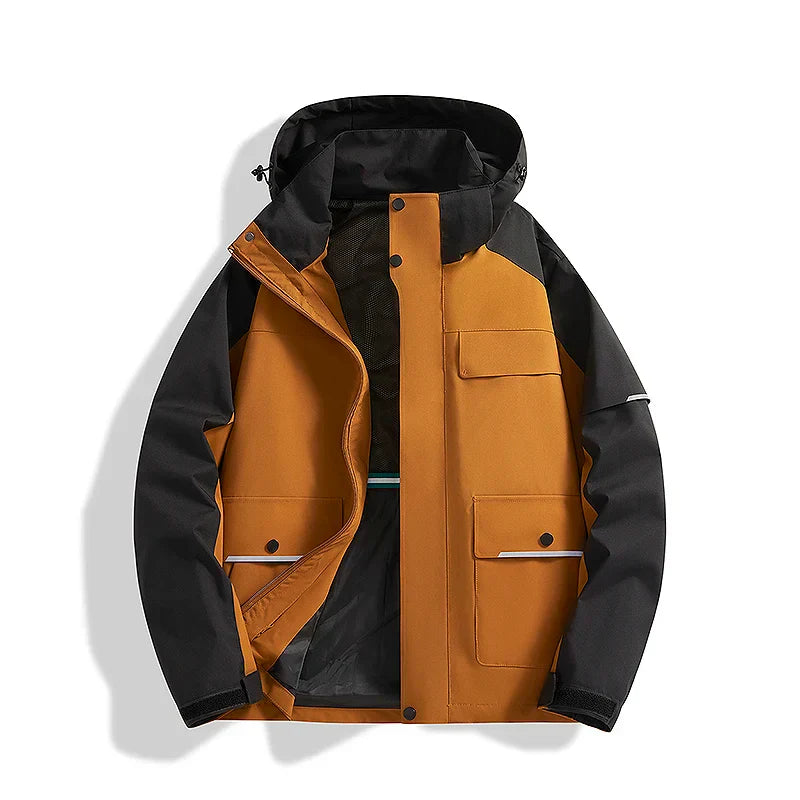Men's navy relaxed fit hooded performance jacket with secure zipper closure for outdoor activities