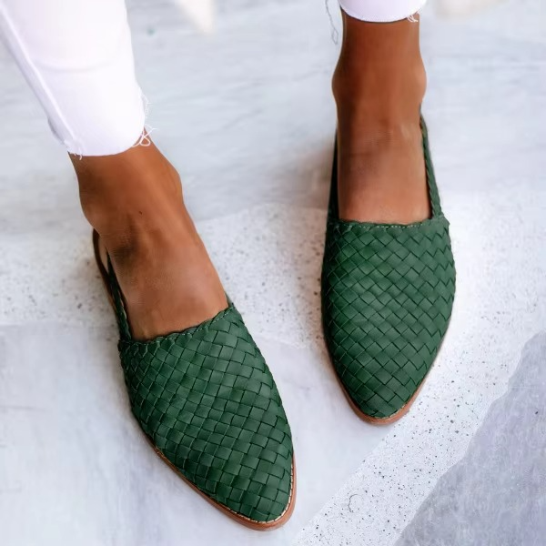 Women's pointed toe flat mule sandals with adjustable buckle strap, breathable slip-on summer style