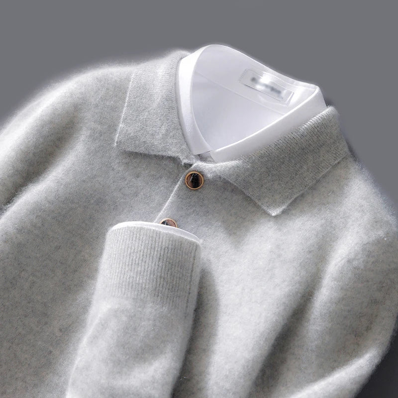 Men's gray wool-blend knit sweatshirt relaxed fit polo collar button-front casual style