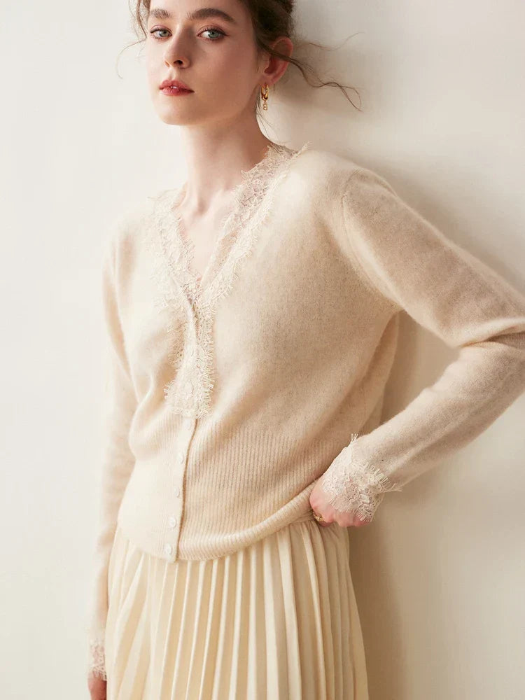 Women's fitted cardigan lace trim button-front elegant chic hip-length smart casual layering piece