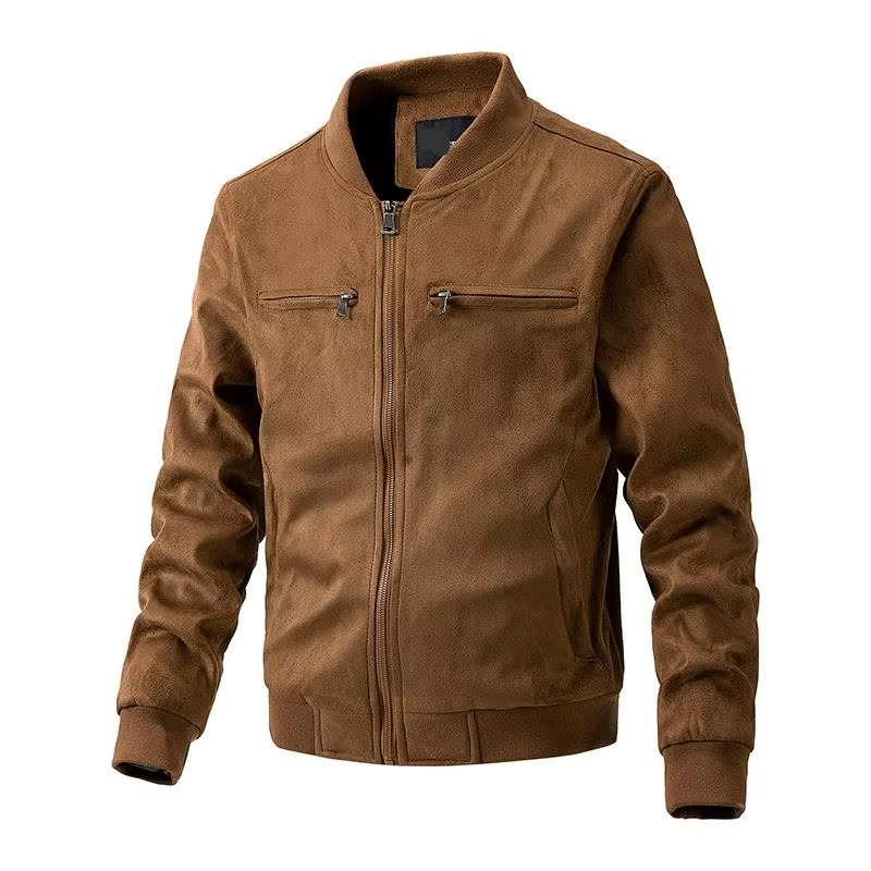 Men's brown suede jacket stand collar zipper front lightweight slim fit smart-casual layer