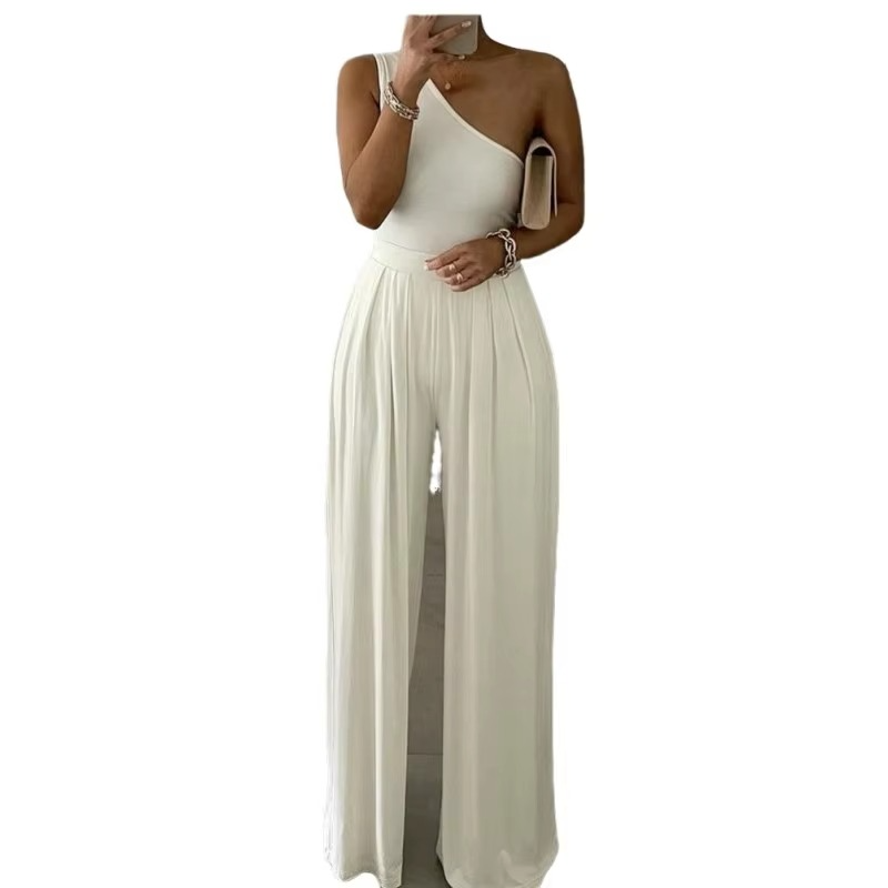 Women's one shoulder wide leg jumpsuit high waist asymmetric neckline chic casual summer style