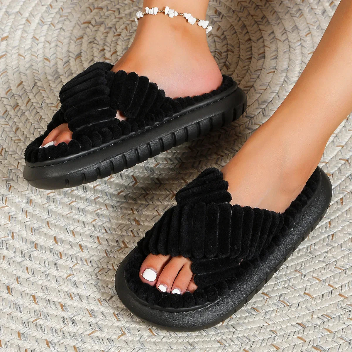 Women's Dakota plush cross-band slide slippers soft velvety cushioned comfort cozy at-home footwear