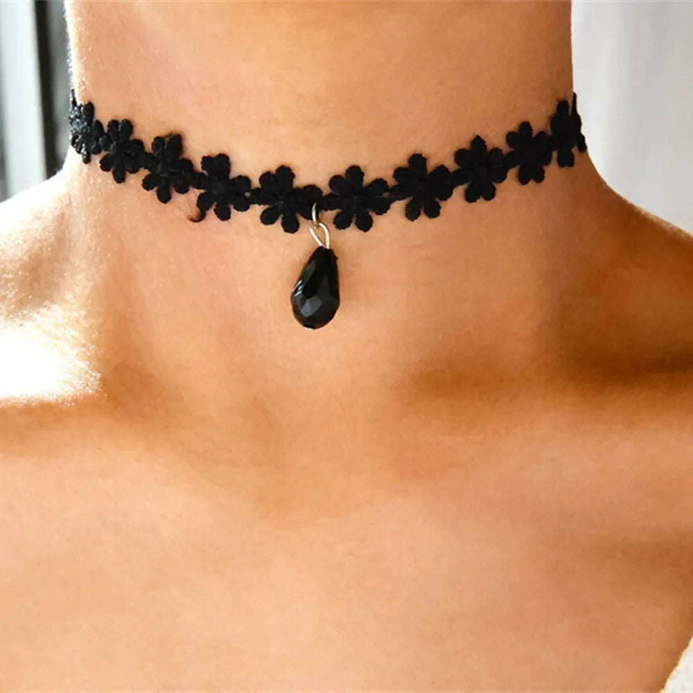 Wednesday gothic lace choker with heart pendant, adjustable length, delicate pearl accents for women