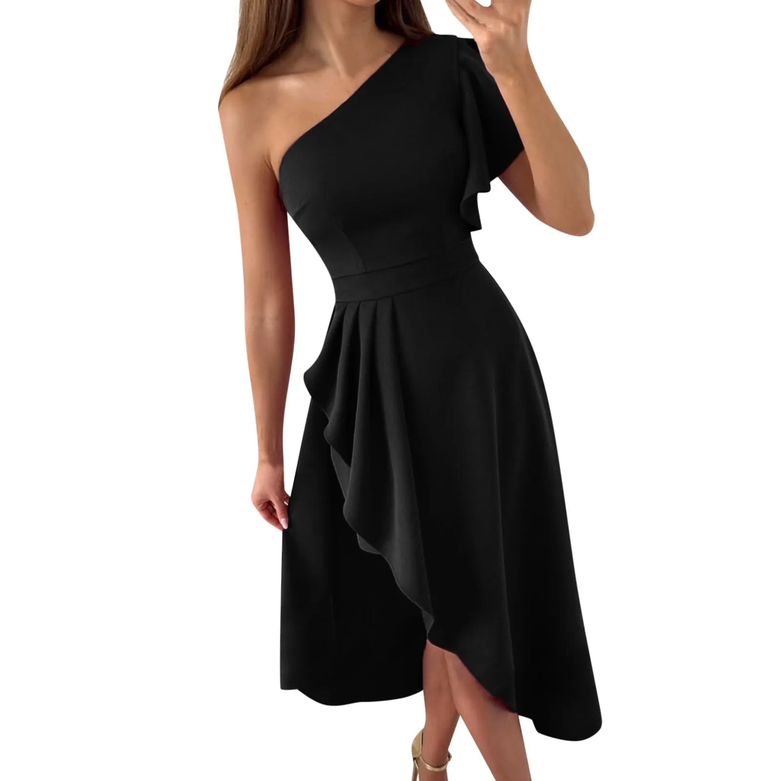 Women's asymmetric one-shoulder dress elegant sculpted neckline flowing drape formal party style
