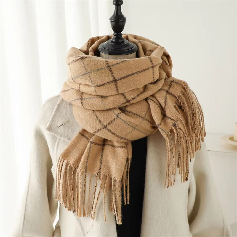 Women's plaid cashmere-blend winter scarf in neutral tones, thick woven wrap with fringe tassels