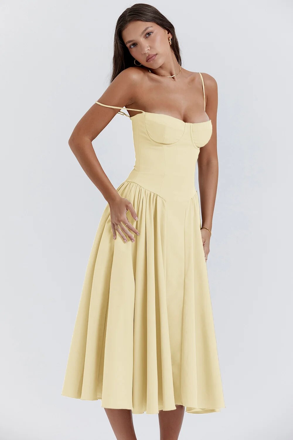 Sleeveless midi dress with corset cut waist, elegant silhouette-enhancing design for women occasion wear