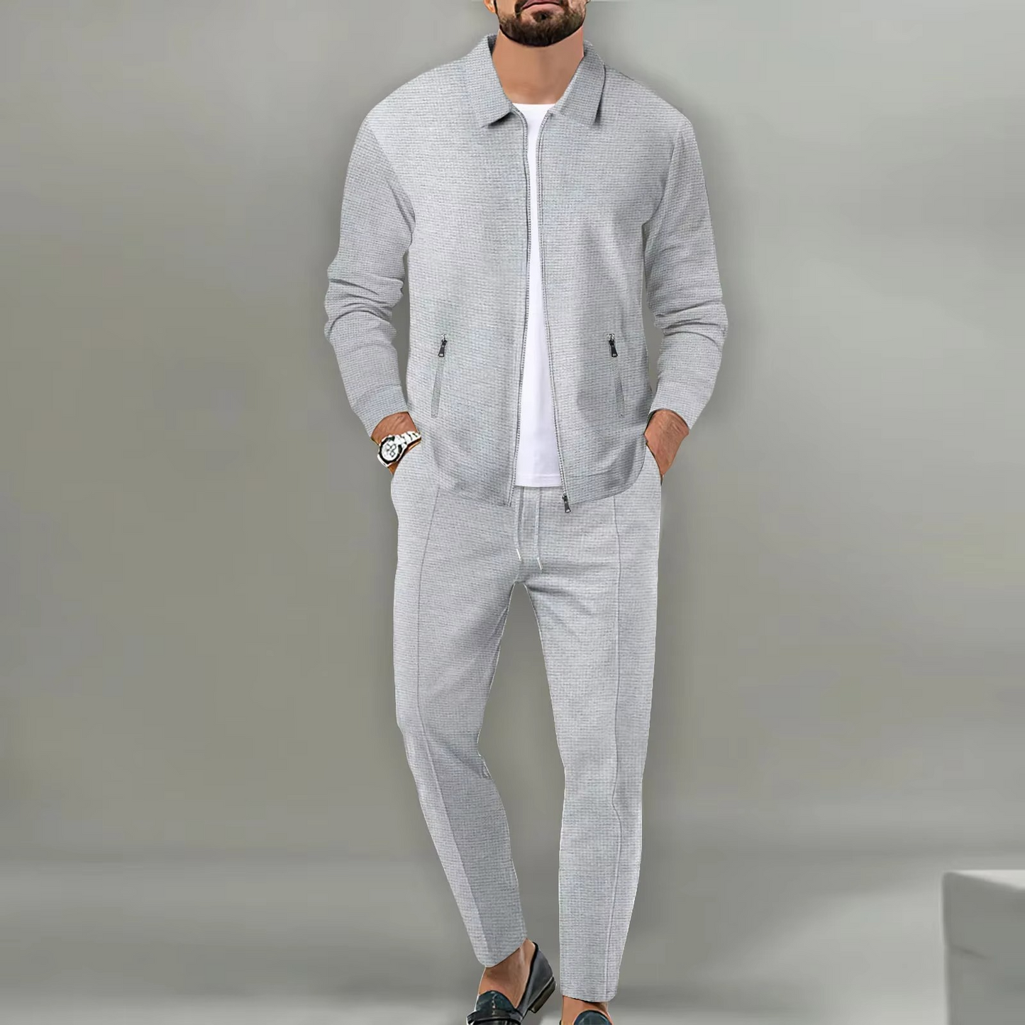 Men's two-piece polo jacket set with matching drawstring pants, long sleeve coordinated casual outfit