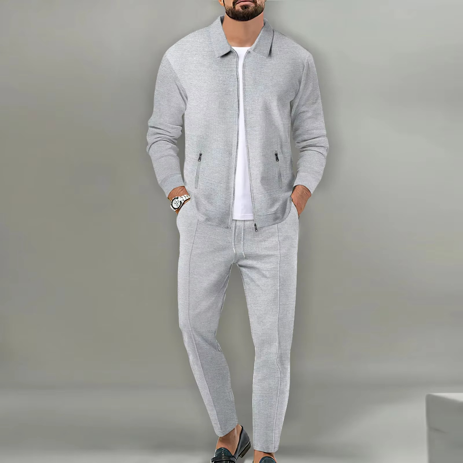 Men's two-piece polo jacket set with matching drawstring pants, long sleeve coordinated casual outfit