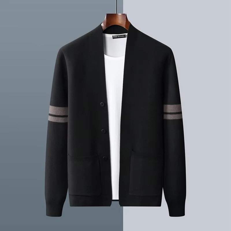 Men's wool-blend V-neck cardigan sweater in neutral tone, fine-gauge knit for cozy layering