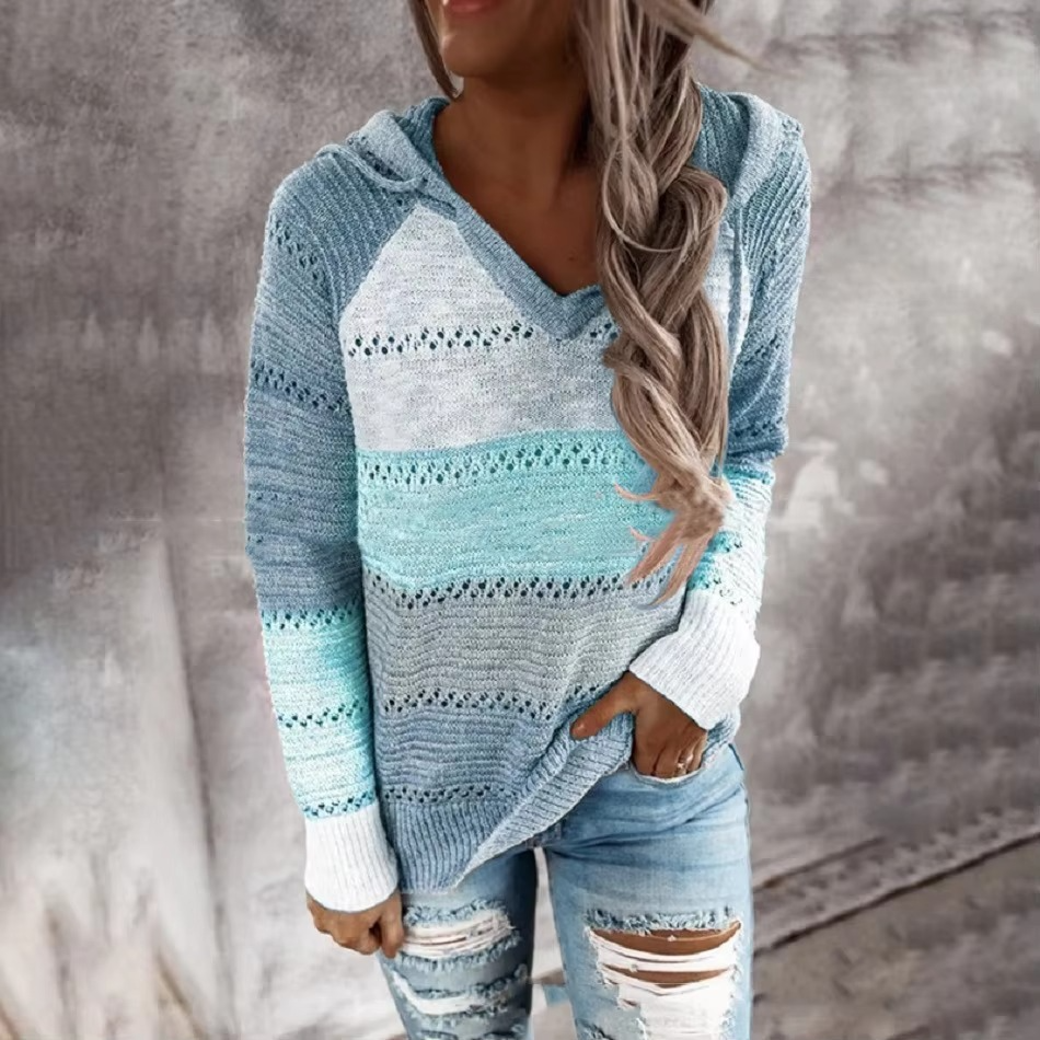 Women's cozy patchwork hooded sweater long sleeve striped knit pullover in multicolor casual fit